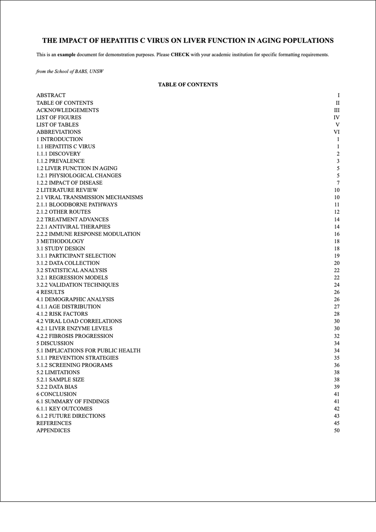 Sample Honours Thesis Table of Contents from UNSW BABS with Section Headings and Page Numbers_variant_2